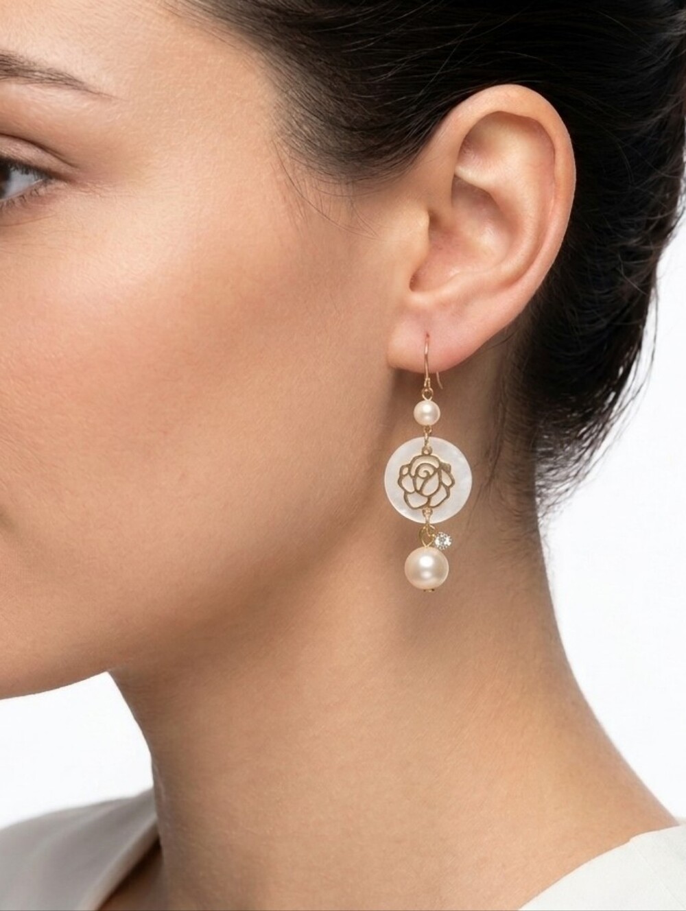 Mother of Pearl & Faux Pearl Rose Dangle Earrings